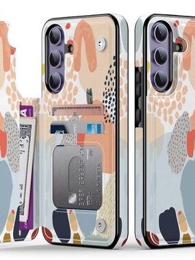 Stylish Abstract Print Wallet Phone Case with Card Slots - Peach & Blue  NIB